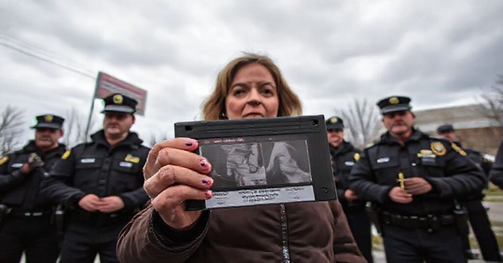 Poważna scena przed kliniką aborcyjną w Calgary z Allissą Golob trzymającą zakazaną kasetę z nagraniem późnych aborcji.