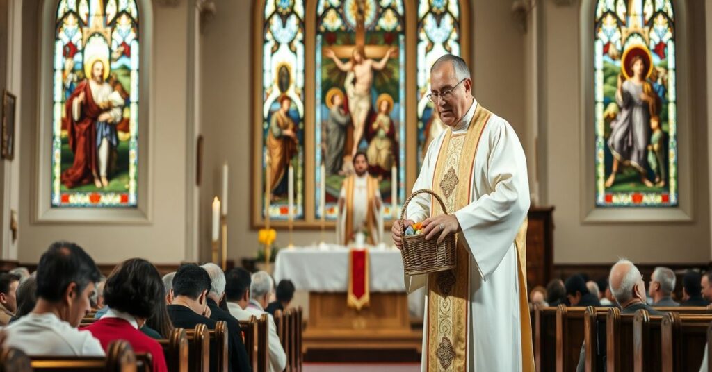Ksiądz w tradycyjnym stroju liturgicznym stoi w kościele obok koszyka z jedzeniem. Ubodzy modlący się przed nim. W tle witraże przedstawiające Mękę Pańską.