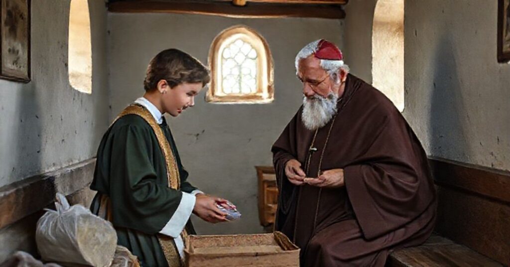 Młody wolontariusz i starsza osoba w tradycyjnym katolickim środowisku pomagają sobie nawzajem w szczerym akcie miłosierdzia