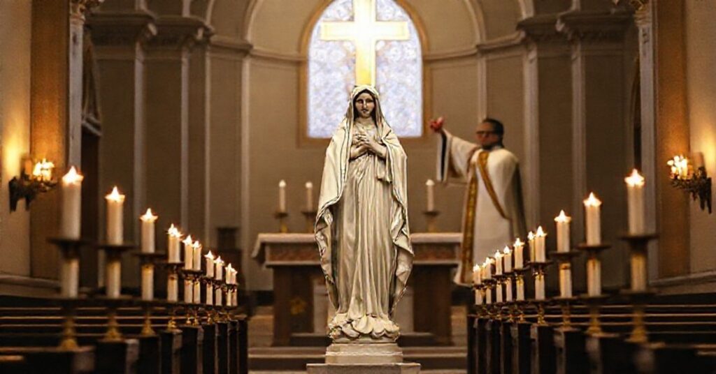 Stary kościół katolicki z rzeźbą Matki Boskiej Niepokalanej i kapłanem podnoszącym hostię podczas Mszy Świętej.