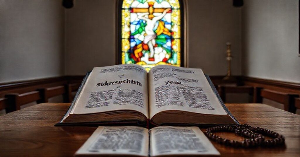 Sobótni interior katolicki z otwartą księgą 'Wskrzeszeni do życia' na drewnianym stole, oświetlony przez witraż przedstawiający Ukrzyżowanie. Obok znajduje się tradycyjny modlitewnik i różaniec.