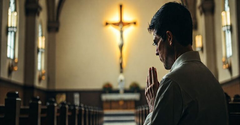 Osoba modli się w tradycyjnym kościele, symbolizując prawdziwe zdrowie duchowe i cielesne przez wiarę i pokutę.