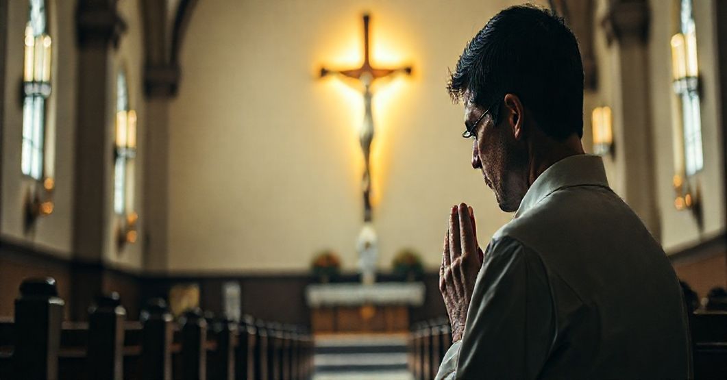 Osoba modli się w tradycyjnym kościele, symbolizując prawdziwe zdrowie duchowe i cielesne przez wiarę i pokutę.