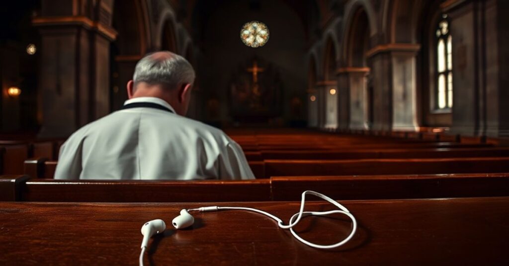 Mężczyzna w tradycyjnym stroju katolickim modli się w ciemnej kościele, z aparatem słuchowym odrzuconym obok niego.