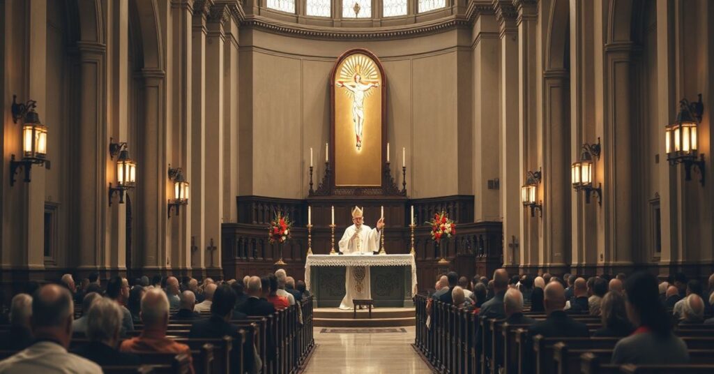 Tradycyjna msza katolicka z akcentem na prawdziwe znaczenie Eucharystii jako Ofiary Kalwarii w prawowitej liturgii rzymskiej