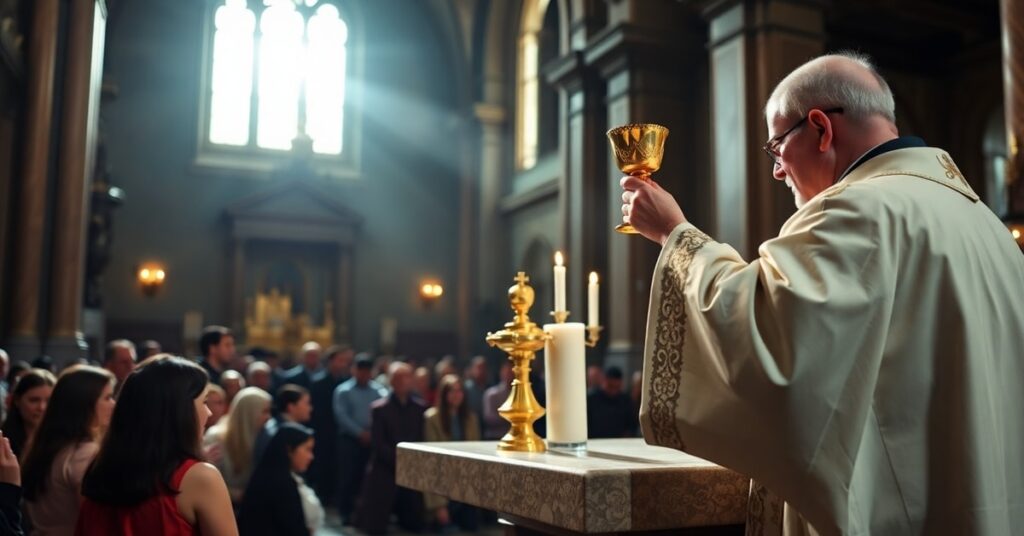 Kapłan w szatach liturgicznych podczas podniesienia Hostii w tradycyjnej Mszy łacińskiej w barokowym kościele
