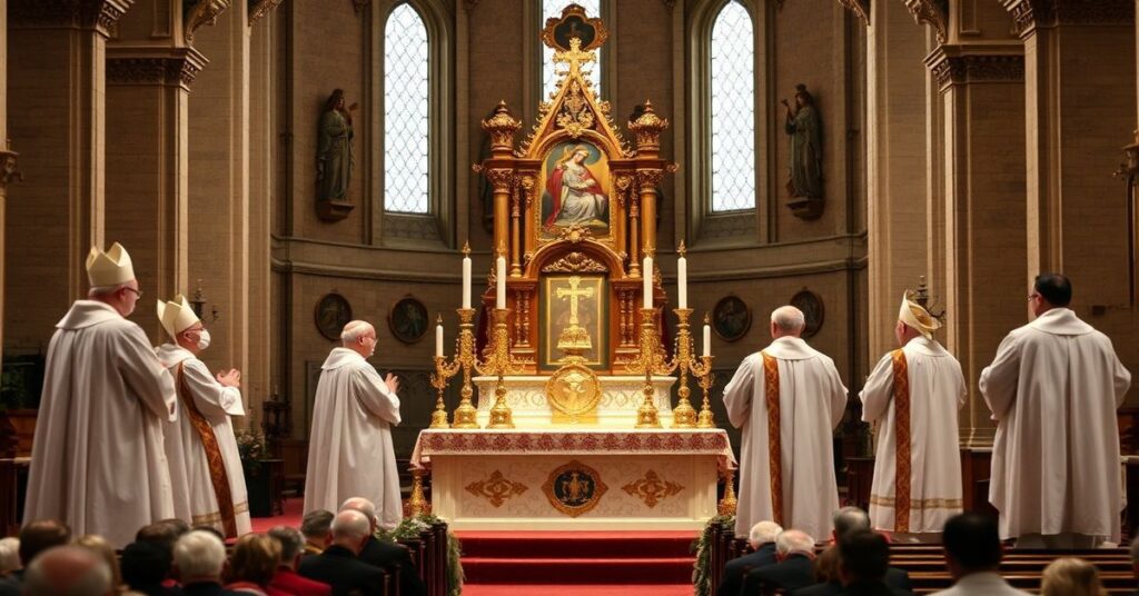 Katedra katolicka z ołtarzem i monstrancją w centrum, wierni modlący się w ciszy.