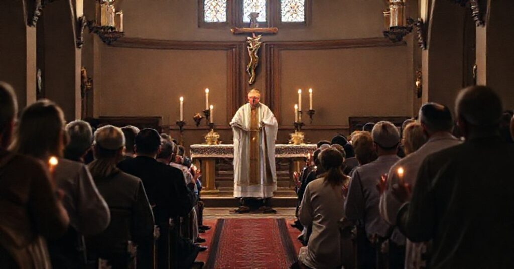 Uroczysta zebranie modlitewne w tradycyjnym kościele, z księdzem w sutannie przywdzianym na czele grupy wiernych w gorliwej modlitwie. Scena jest oświetlona światłem świec, co podkreśla pobożność i duchowy skupienie. Ołtarz ozdobiony jest krzyżem i naczyniami sakralnymi, podczas gdy zgromadzenie klęczy w pokorze.