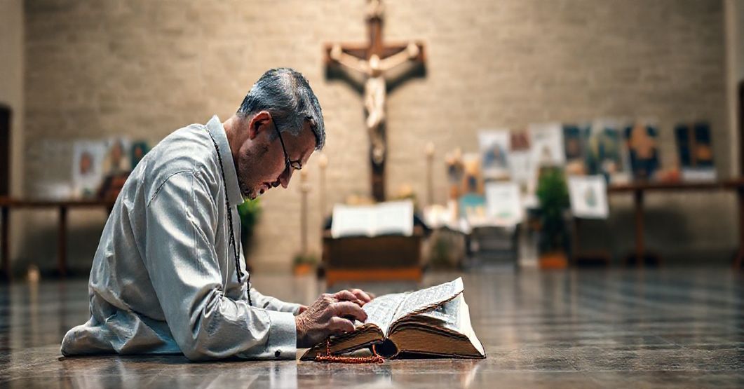 Katolik modli się przed krzyżem z Biblią i różańcem, podkreślając prawdziwą ewangelizację i duchową misję Kościoła.