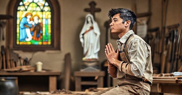 Młody mężczyzna w stroju robotniczym modli się przed figurą Matki Bożej w tradycyjnym warsztacie katolickim