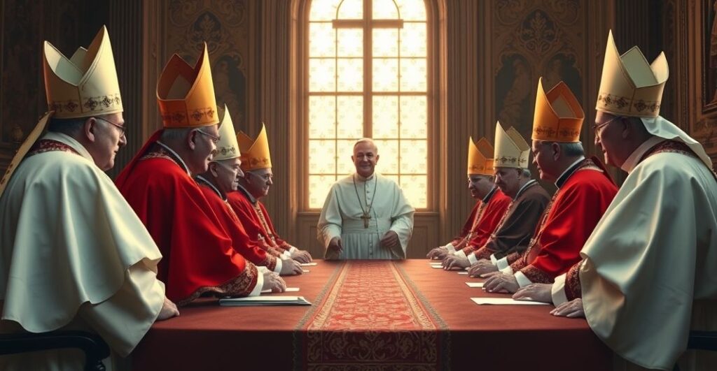 Szczerze katolicki obraz biskupów w tradycyjnych vestamentach podczas poważnego spotkania, symbolizujący prawdziwą hierarchię Kościoła w opozycji do modernistycznej sekty