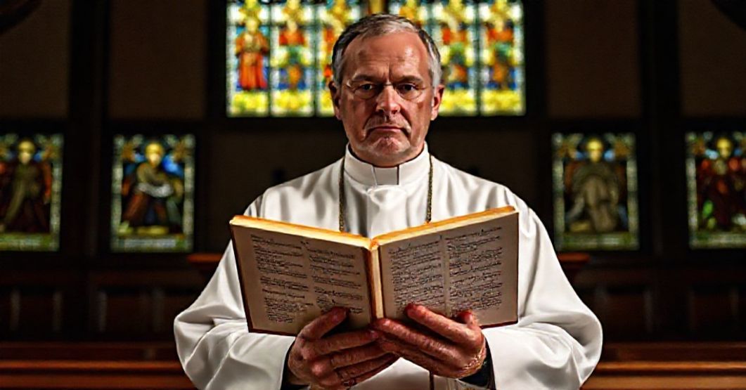 Prawdziwy katolicki ksiądz w tradycyjnym sutannie przed amboną z otwartą Biblią, podkreślającą przypowieść o talentach. Na tle gotyckiego wnętrza kościoła z witrażami ukazującymi Ostateczny Sąd.