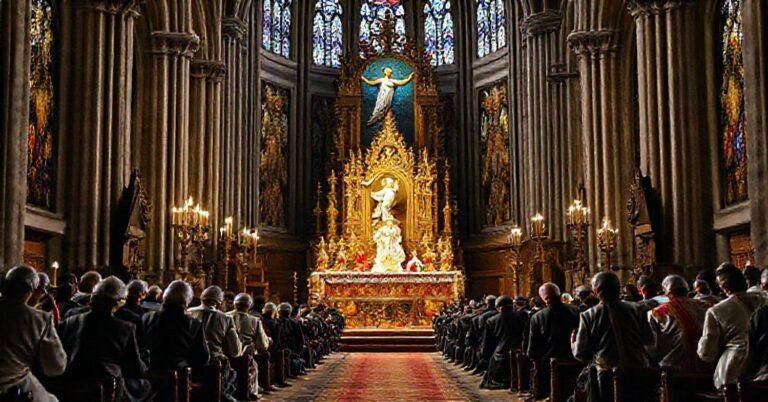 Tradycyjna katolicka scena prawdziwej intronizacji Chrystusa Króla z wiernymi modlącymi się przed ozdobnym ołtarzem