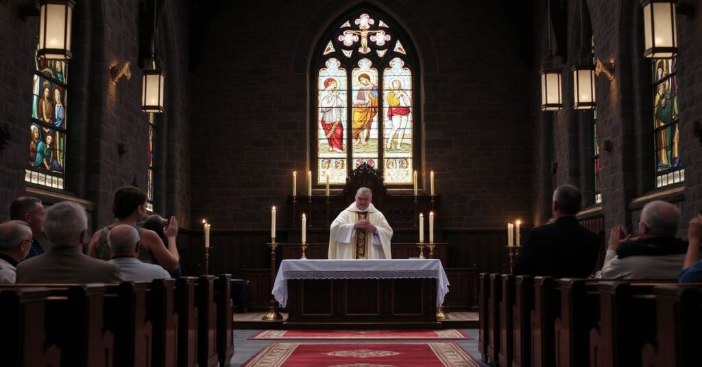 Starannya tradycyjna Msza św. w starej kamiennej kościele z kapłanem w pełnym stroju liturgicznym i ołtarzem ozdobionym świecami i krucyfiksem.
