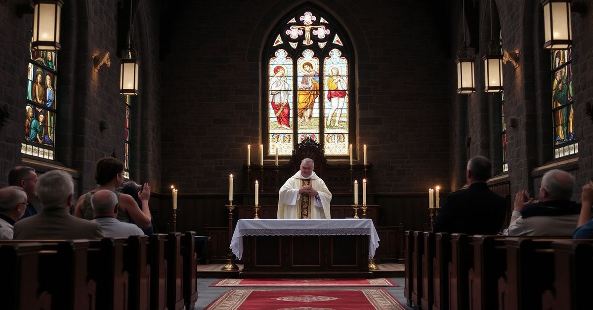 Starannya tradycyjna Msza św. w starej kamiennej kościele z kapłanem w pełnym stroju liturgicznym i ołtarzem ozdobionym świecami i krucyfiksem.