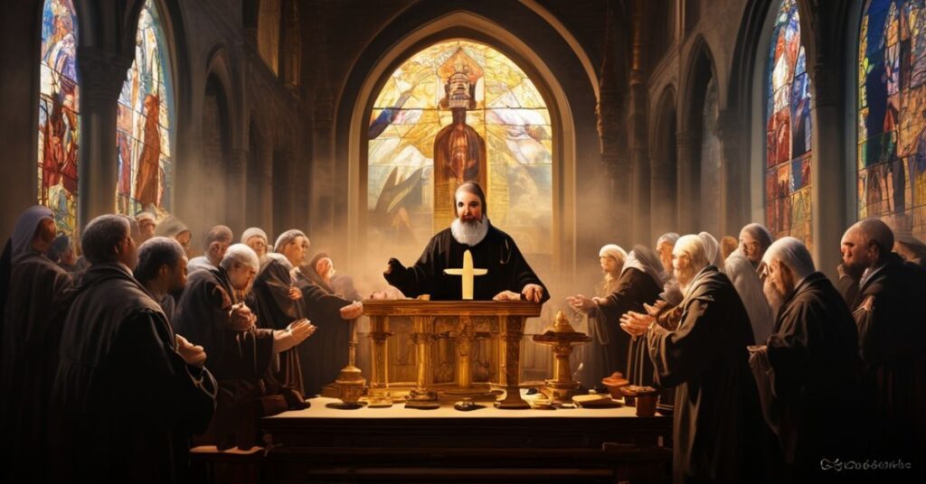 Sobór katolicki z tradycyjnym mszą św. w kaplicy z witrażami przedstawiającymi świętych i męczenników