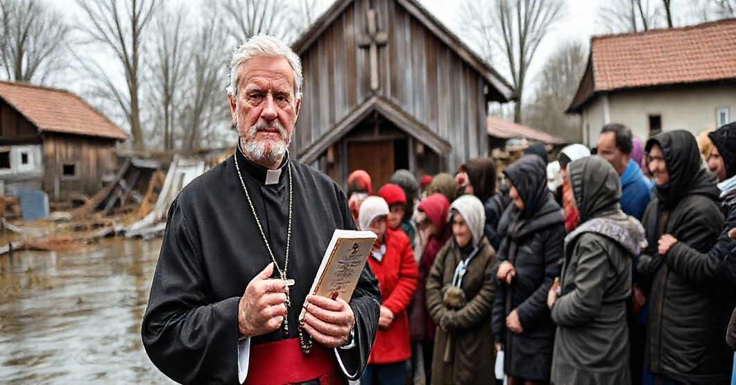 Katolicki ksiądz w tradycyjnym stroju stoi przed grupą poszkodowanych przez powódź, trzymając różaniec i kopię Lamentabili Sane.