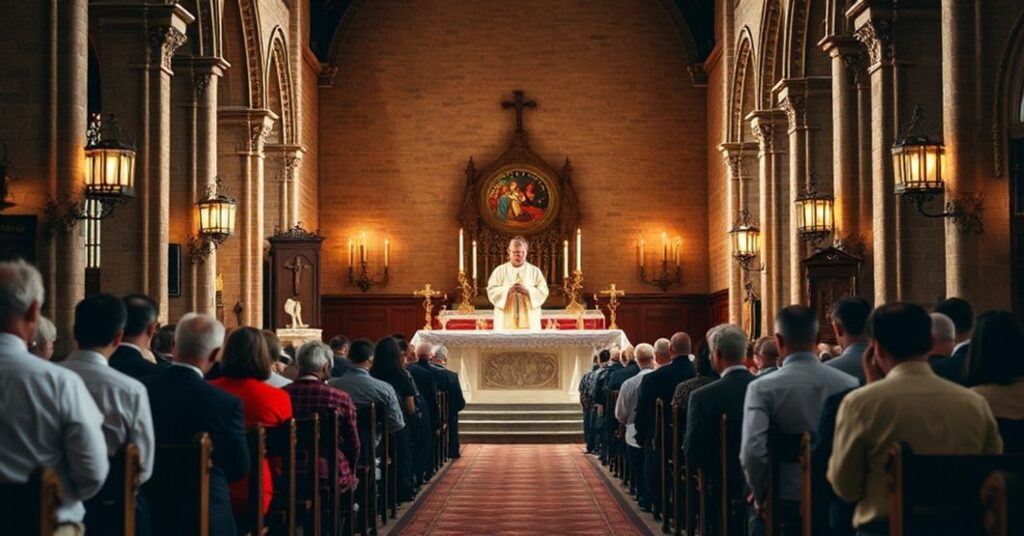 Tradycyjna katolicka msza w historycznej cerkwi z akcentem na ołtarz i modlących się wiernych.