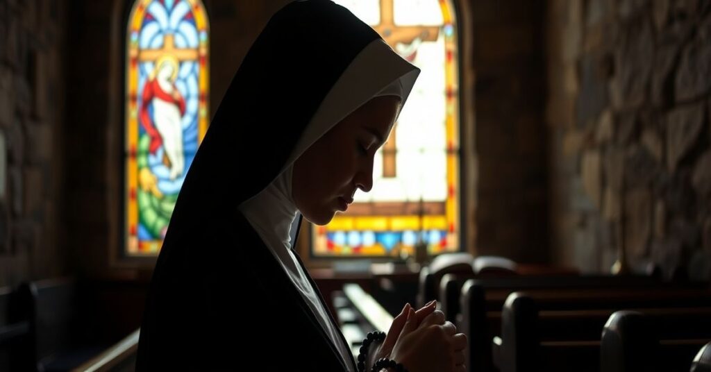 Prawdziwa religijna osoba w tradycyjnym habitach modli się w ciemnym kaplicy z witrażem przedstawiającym ukrzyżowanie.