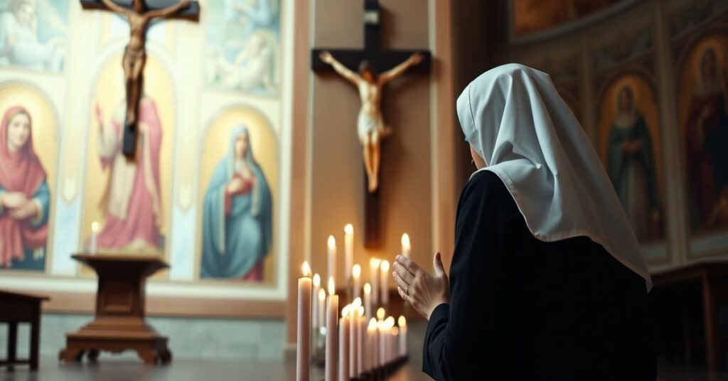 Prawdziwie konsekrowana zakonnica modli się przed krzyżem w tradycyjnym kaplicy