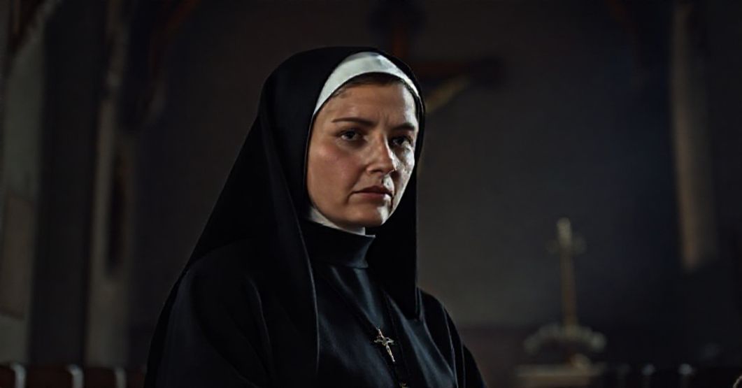 Prawdziwa konsekrowana zakonnica w tradycyjnym habicie czarnym w ciemnej kościle z krzyżem na tle