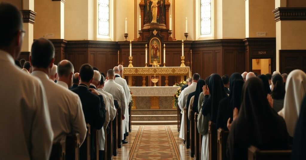 Wnętrze tradycyjnego kościoła katolickiego w Ziemi Świętej z liturgią w obrzędzie rzymskim