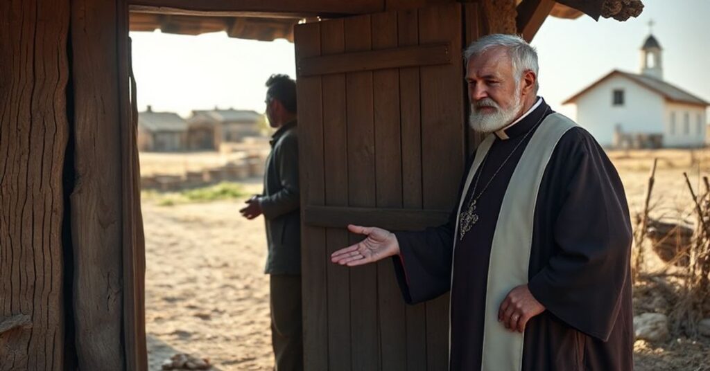 Prawdziwy katolicki kapłan w tradycyjnych szatach liturgicznych rozmawia z ubogim mężczyzną w prostym wioskowym otoczeniu.