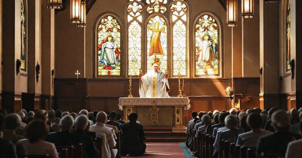 Wnętrze tradycyjnego kościoła katolickiego z kapłanem w pełnej szacie liturgicznej i wiernymi modlącymi się przed Najświętszym Sakramentem.