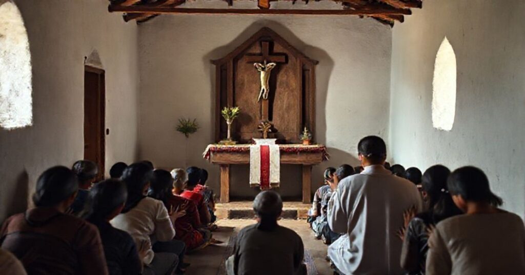 Tradycyjny katolicyjski kapłan modlący się w prostej kaplicy w Peru, otoczony miejscowymi wierzącymi