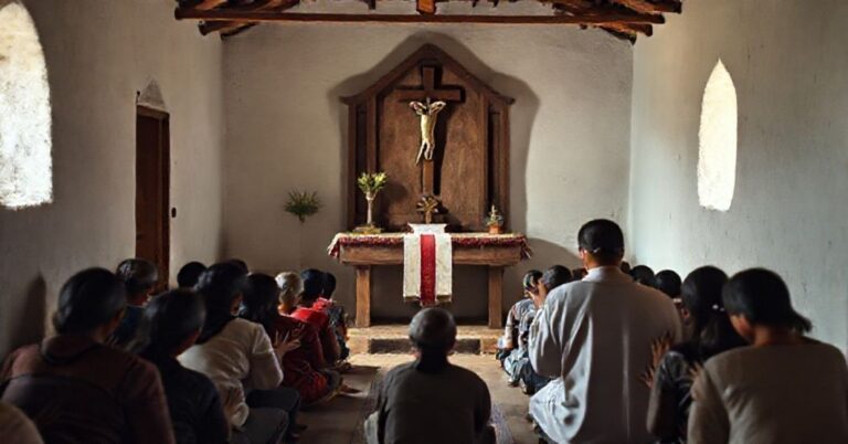 Tradycyjny katolicyjski kapłan modlący się w prostej kaplicy w Peru, otoczony miejscowymi wierzącymi
