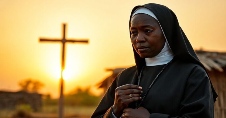Portret tradycyjnej siostry zakonnej w habitach katolickich w afrykańskiej wiosce z krzyżem na tle zachodu słońca.