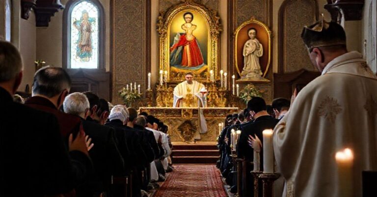 Tradycyjna katolicka msza św. w Kazachstanie z księdzem w pełnych szat liturgicznych i wiernymi w modlitwie.