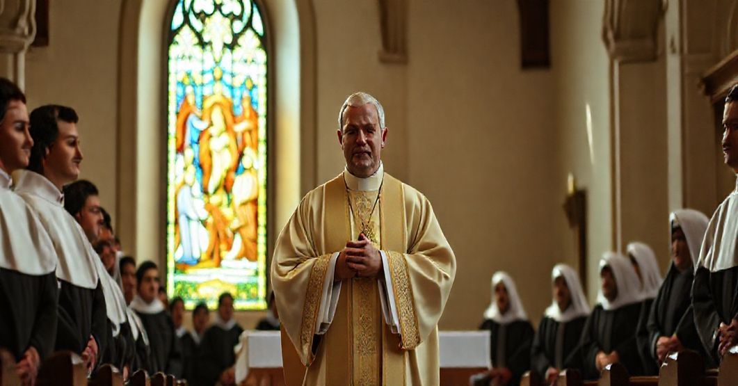 Prawdziwy misjonarz w kościele katolickim w tradycyjnych szatach liturgicznych otoczony seminarzystami w sutannach. Na tle witraż przedstawiający tradycyjne misje kościelne.
