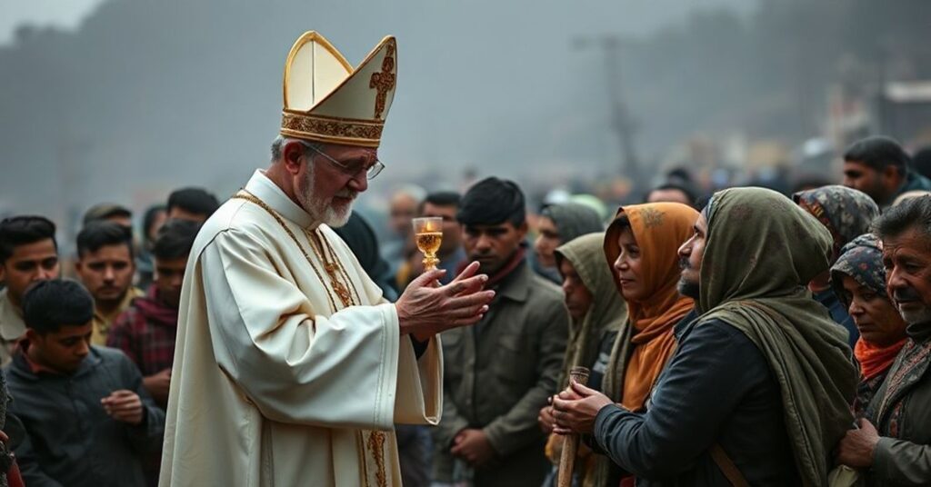 Ksiądz w tradycyjnym stroju kościelnym udzielający sakramentów ludziom w cierpieniu w strefie konfliktu, podkreślając brak duchowego przewodnictwa w współczesnej pomocy humanitarnej.