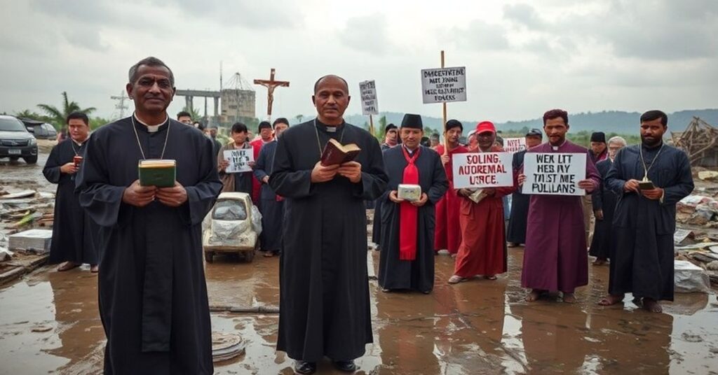 Tradycyjni księża w sutannach rozdają pomoc ofiarom powodzi w Indonezji podczas gdy moderniści promują aktywizm ekologiczny