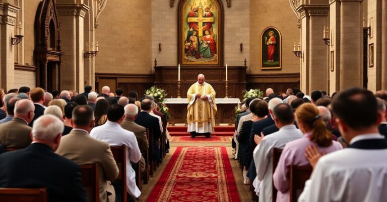 Prawdziwa katolicka modlitwa o dar potomstwa w tradycyjnym kościele z kapłanem w ornaty