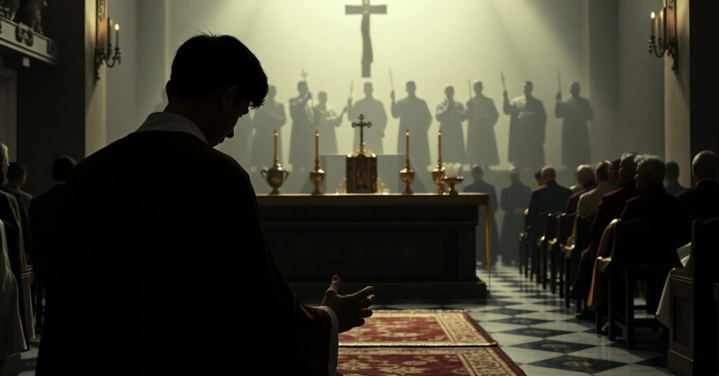 Młody mężczyzna modli się przed tradycyjnym katolickim ołtarzem podczas Światowych Dni Młodzieży w Seulu, na tle cieni ekumenistycznego zgromadzenia.