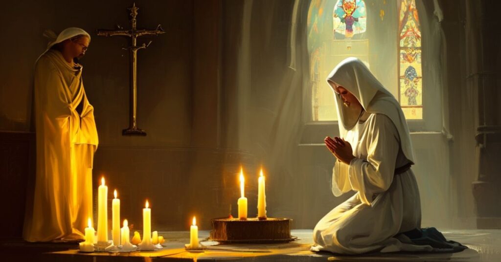 Klasztorna kaplica z siostrą w tradycyjnym habitie modlącą się przed Najświętszym Sakramentem.