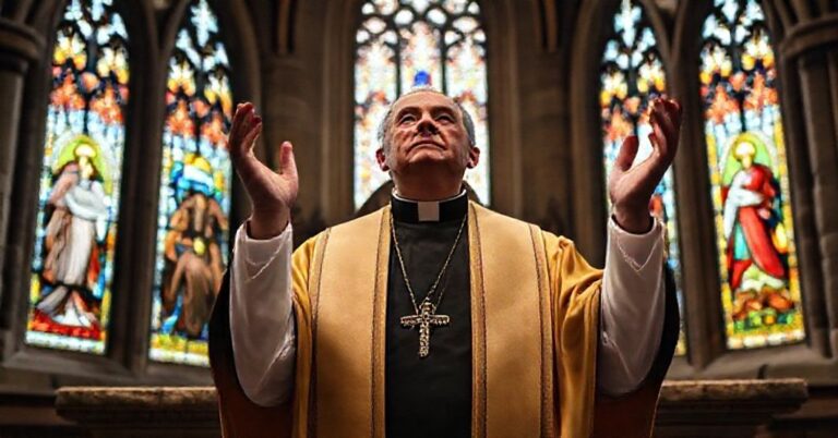 Tradycyjny katolicki kapłan w ornatach modli się w starożytnej katedrze z witrażami przedstawiającymi Chrystusa Króla