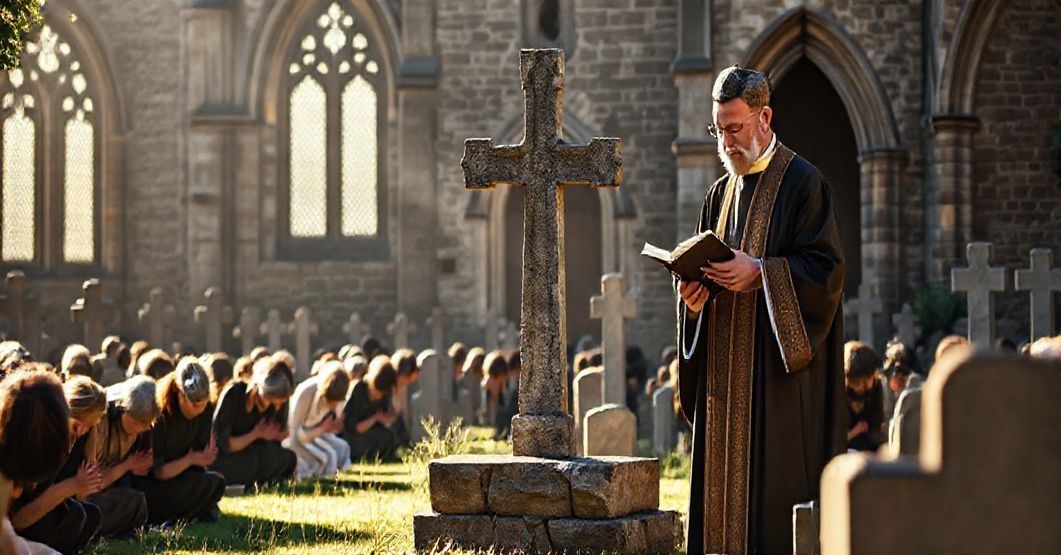 Stary cmentarz katolicki z tradycyjnym krzyżem kamiennym, wierni modlącymi się z pokorą, kościół gotycki w tle, tradycyjny ksiądz w soutanie prowadzący modlitwę za zmarłych.