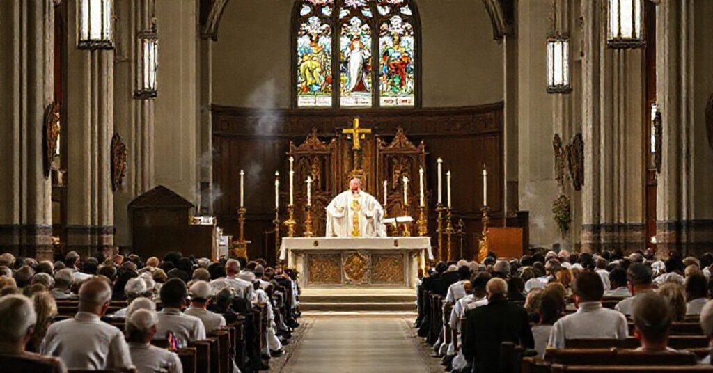 Prawdziwa Msza św. w tradycyjnym rzymskim obrządku z kapłanem w biali szatach na ołtarzu, otoczonym modlącymi się wiernymi