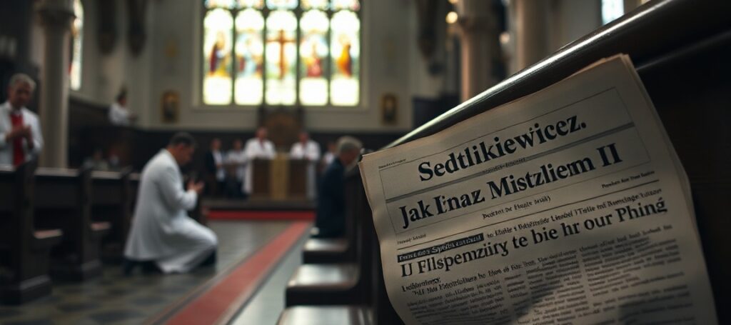 Tradycyjny kościół katolicki z kapłanem celebrującym Mszę Świętą w obrzędzie trydenckim. Na pierwszym planie modlący się wierny, a w tle porzucony artykuł o audiencji u uzurpatora.
