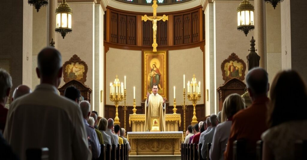 Tradycyjny wnętrze kościelne z kapłanem w ornatach celebrowanym Pattonem Mszy św., z naciskiem na ołtarz z Najświętszym Sakramentem otoczony wiernymi w modlitwie.