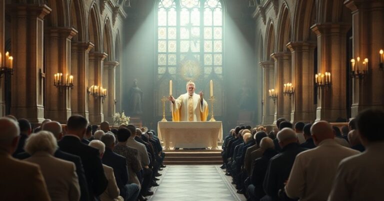 Tradycyjna katolicka Msza św. w historycznym kościele z kapłanem w tradycyjnych ornatach i wiernymi modlącymi się na kolanach