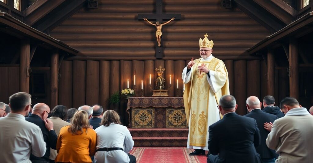 Prawdziwy katolicki ksiądz w tradycyjnych szatach liturgicznych podczas uroczystej Mszy św. w Wielki Piątek w polskiej wsi.