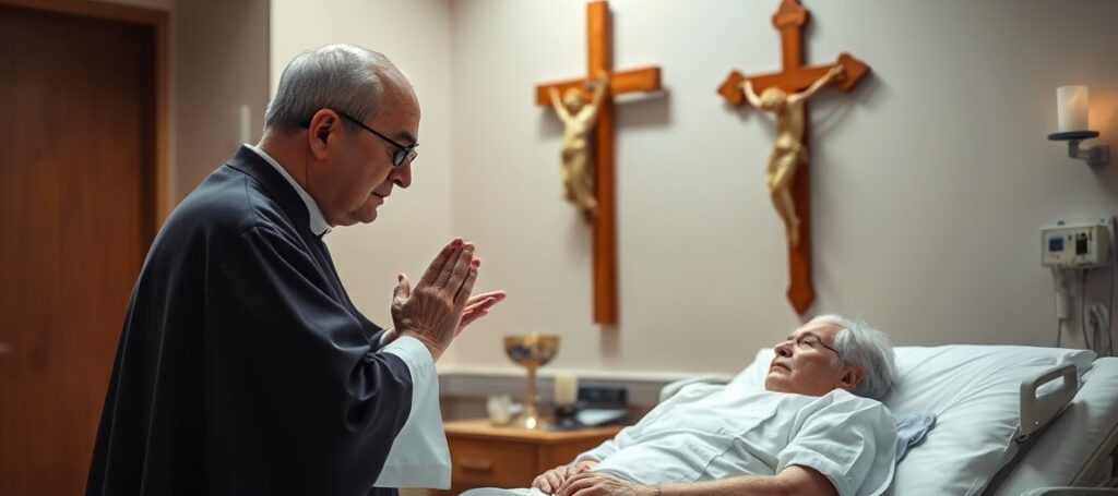 Ksiądz w sutannie udzielający sakramentu pokuty chorej osobie w łóżku w szpitalu hospicyjnym. Na tle krzyż i delikatne światło ukazujące prawdziwą nadzieję chrześcijańską.