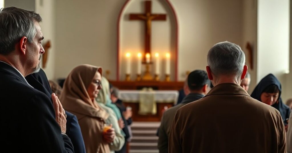 Tradycyjna scena katolicka przedstawiająca pielgrzymów w modlitwie przed ołtarzem w prostej świątyni, symbolizująca prawdziwą nadzieję chrześcijańską.