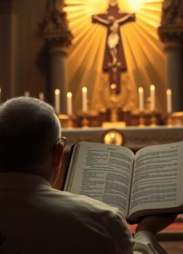 Prawdziwa nadzieja chrześcijańska - tylko w prawdziwym Kościele Tradycyjny ksiądz katolicki modli się przed tabernakulum w ciemnym kościele, podkreślając sakramentalne życie i konieczność prawdziwego Kościoła dla zbawienia.