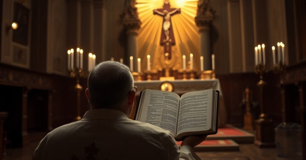 Tradycyjny ksiądz katolicki modli się przed tabernakulum w ciemnym kościele, podkreślając sakramentalne życie i konieczność prawdziwego Kościoła dla zbawienia.