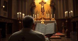 Tradycyjny ksiądz katolicki modli się przed tabernakulum w ciemnym kościele, podkreślając sakramentalne życie i konieczność prawdziwego Kościoła dla zbawienia.